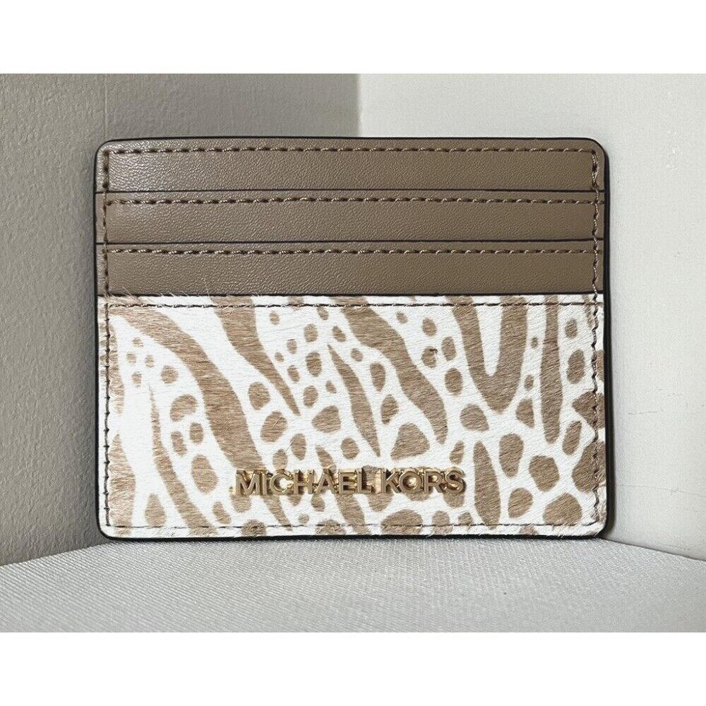 New Michael Kors Jet Set Travel Card Holder Haircalf/Leather Exotic Print Camel